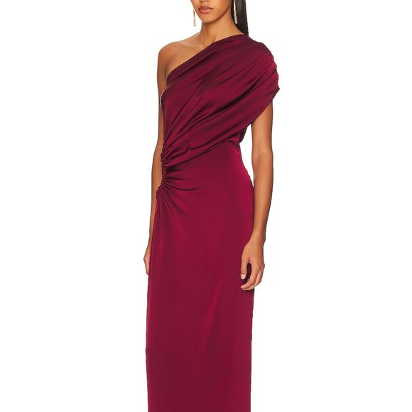 NWT ANDREA IYAMAH Burgundy One Shoulder Satin Evening Dress - Picture 5 of 10